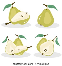 Peras vectoras. Completo y cortado en frutos de peras medio verdes, colección de ilustraciones vectoriales sobre fondo blanco. Fondo natural. Comida. Fruta orgánica. Concepto de diseño de comida orgánica.