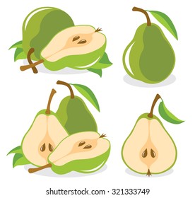 Vector pears. Whole and cut in half green pear fruits, collection of vector illustrations