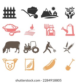 vector peasant farm household flat icons collection with domestic cattle animals
