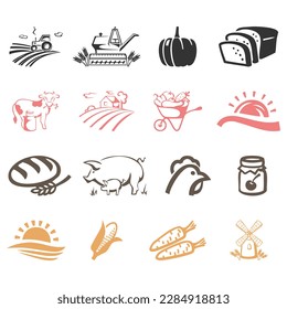 vector peasant farm household flat icons collection with domestic cattle animals
