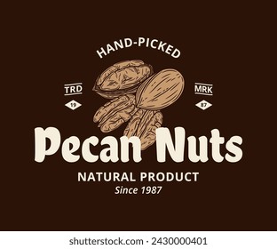Vector pecan vintage logo. Diseño de etiqueta de tuercas. Nueces de pacana y cáscaras ilustración