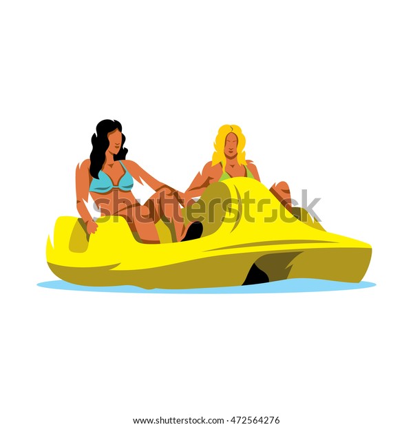 Vector Pedal Boat and two woman Cartoon\
Illustration. A foot pedal boat for two. Unusual Logo template\
isolated on a white\
background