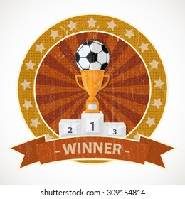 Vector pedestal with cup and soccer ball sign,icon,pictogram  in a circle with stars, isolated on a white background with text Winner on a ribbon in flat style
