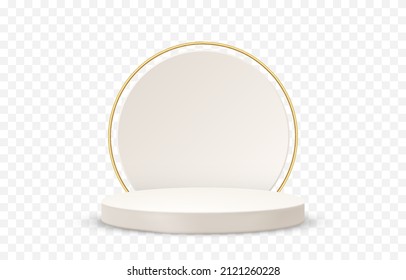 Vector pedestal png. Pedestal with golden circle on isolated transparent background. Podium for advertising, podium for products. PNG.