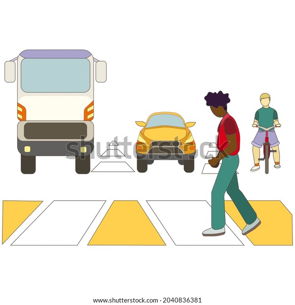 Vector pedestrian on crossroad with public\
transport, bicycle and taxi in Cartoon style, pedestrian crossing\
the road on white isolated background for prints, cards, booklets,\
icons for webs, apps.