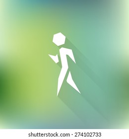 Vector pedestrian symbol, Walking icon with long shadow on blurred background. Logo design.