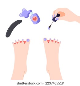 Escena de pedicura vectorial. vista superior del proceso de pintar uñas con la imagen del archivo de barniz y uñas