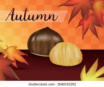 Vector peeled and unpeeled chestnuts on Autumn background with maple leaf.