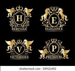 Vector pegasus logo templates. Luxury unicorn crest monograms. Graceful vintage animal silhouettes illustrations. Used for hotel, restaurant, boutique, jewellery invitation, business card etc.