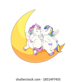 Vector Pegasus in Love on white isolated background, Cute Isolated Pegasus on the Crescent Moon, Cartoon Pegasus couple, for prints, stickers and icons for Kids, Children’s goods fields.