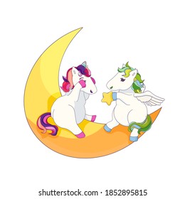 Vector Pegasus and Unicorn in Cartoon style, Isolated Pegasus and Unicorn on the Crescent Moon, Magical horses on white isolated background for Kids, Teenagers, Children’s goods fields.