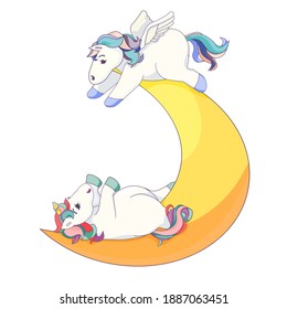 Vector Pegasus and Unicorn are on the Moon, cute Unicorn in Cartoon style, Pegasus and the Crescent Moon on white isolated background for prints, stickers, icons for social networks and apps.