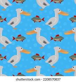 Iconos de vectores Pelícanos y de peces aislados en fondo azul. Exótico Patrón Tropical De Aves Sin Marea.