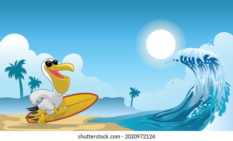 Vector Pelican Surfer on the beach