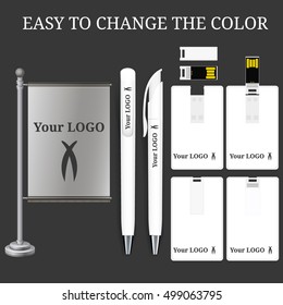 Vector Pen, Blank Banner Flag and USB flash Card , Flash drive mock-up with place for your logo. Pencil, Marker. Mock Up Template Ready For Your Design. Blank Banner Flag, pen and usb flash card.