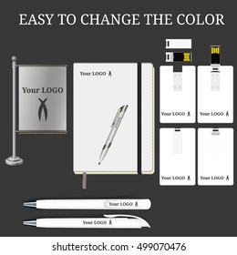 Vector Pen, business note book, Blank Banner Flag and USB flash Card , Flash drive mock-up, Pencil, Marker. Corporate Identity, Mock Up Template Ready For Your Design. Pen and white usb flash card.