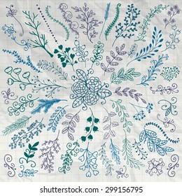 Vector Pen Drawing Hand Sketched Rustic Floral Doodle Decorative Branches, Swirls, Design Elements. Hand Drawing Vector Illustration. Discrete Brushes. Crumpled Paper Texture. 