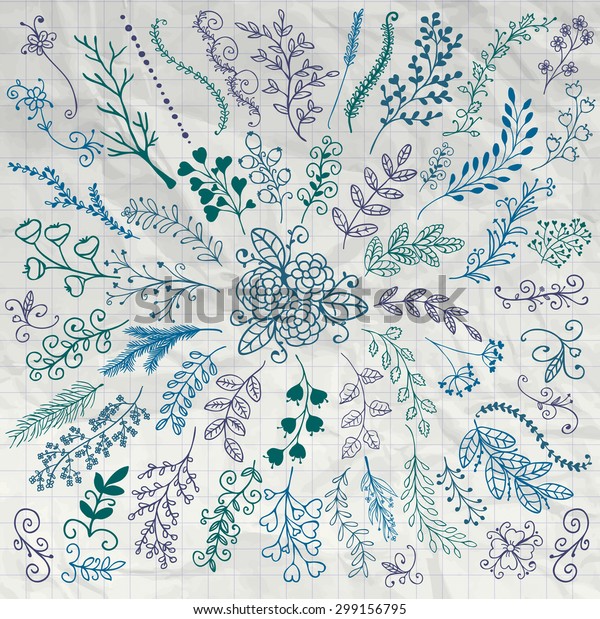 Vector Pen Drawing Hand\
Sketched Rustic Floral Doodle Decorative Branches, Swirls, Design\
Elements. Hand Drawing Vector Illustration. Discrete Brushes.\
Crumpled Paper Texture.\
