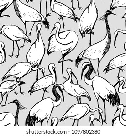 Vector pen drawing illustration. Black and white seamless pattern of birds stork, heron and shadoof on gray background