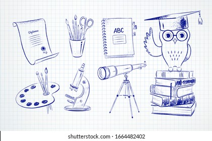 Vektorillustration-Stift-Illustrationen von Bildsymbolobjekten auf schachbrettgedecktem Hintergrund.
