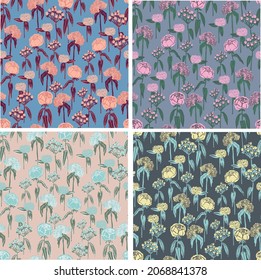 Vector pen drawing retro flower illustration seamless repeat pattern 4 color ways collection bundle set fashion fabric home decor print artwork 