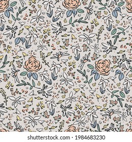 Vector pen drawing small retro flowers illustration motif seamless repeat pattern digital file pattern artwork fashion home decor print fabric textile