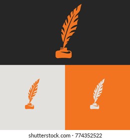 Vector pen feather and ink bottle. Hand drawn vector symbol sign, flat icon.
