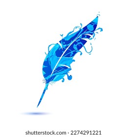 Vector pen feather Symbol of blue paint on a white background