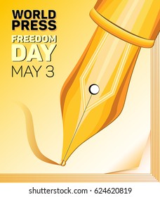 Vector pen and a fragment of a notebook on the World Press Freedom Day on a yellow and white gradient background. May 3, the emblem of World Press Freedom Day