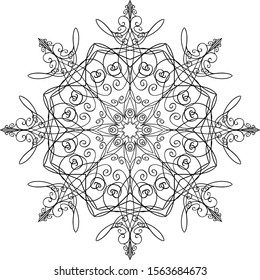 Vector pen and ink drawing of snow flake shape, round ornamental graphic design in mandala style.