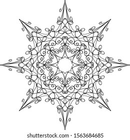 Vector pen and ink drawing of snow flake shape, round ornamental graphic design in mandala style.