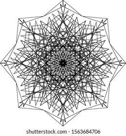 Vector pen and ink drawing of snow flake shape, round ornamental graphic design in mandala style.