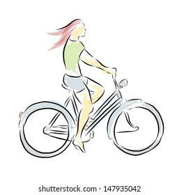 Vector Pen And Ink Style Sketch Of A Girl On A Bike