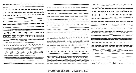 Las líneas de plumilla o pinceles vectoriales subrayan. Conjunto de separadores de lápiz o contorno negro. Dibujado a mano dividiendo garabato o ondular garabato. Adorno o decoración para tipografía. Elemento de marcador para el borde.