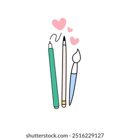 Vector pen, pencil and brush and hearts on white background. Illustration for logo, stickers, posters.
