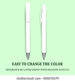 Vector Pen, Pencil, Marker. Corporate Identity, Promotional gift, Branding Stationery Templates. Isolated. Green Background. Mock Up Template Ready For Your Design. White pen. 