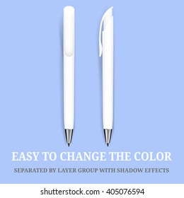 Vector Pen, Pencil, Marker. Corporate Identity, Promotional gift, Branding Stationery Templates. Isolated. Blue Background. Mock Up Template Ready For Your Design. White pen. 
