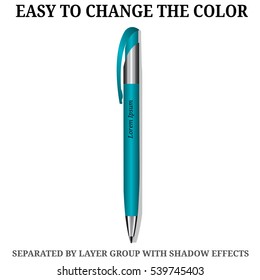 Vector Pen, Pencil, Marker. Corporate Identity, Promotional gift, Branding Stationery Templates. Isolated. With Background. Mock Up Template Ready For Your Design. Blue pen.