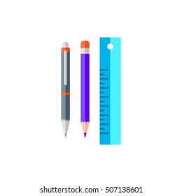 Vector pen, pencil, school tools icons in flat style on white
