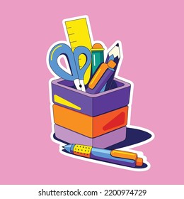 Vector pen stand with a line of knives and pens on a light pink background. hand drawn school subjects. illustration in the style of the 90s. isolated object