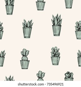 Vector pen style illustration. Cacti and succulents seamless pattern. Paper background design. Print design.