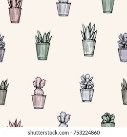 Vector pen style illustration. Cacti and succulents seamless pattern. Paper background design. Print design.
