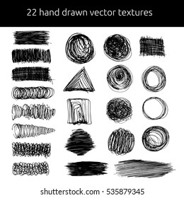 Vector pen textures set. Grungy hand drawn lines, frames, circles, stains.