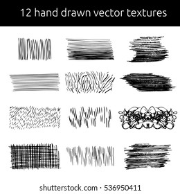 Vector pen textures set. Grungy hand drawn lines, frames, stains, dots, stripes, patterns. Sketched, doodle style