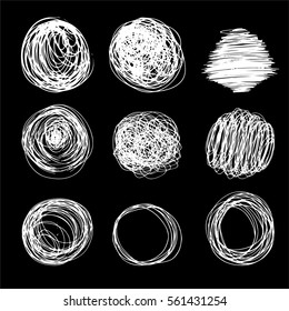 Vector pen textures set. Grungy hand drawn circles, lines, frames, stains, dots, stripes, patterns. Sketched, doodle style