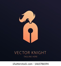 Vector pen tool with knight helmet symbol. Vector knight logotype. gold gradient colors.