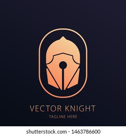 Vector pen tool with knight helmet symbol. Vector knight logotype. gold gradient colors.