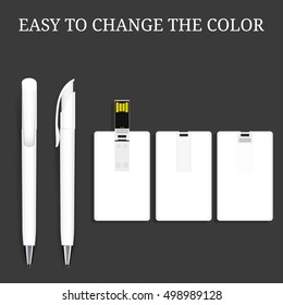 Vector Pen and USB flash Card , Pencil, Marker. Corporate Identity, Promotional gift, Black Background. Mock Up Template Ready For Your Design. White pen and white usb flash card.