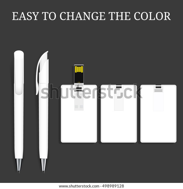 Vector Pen\
and USB flash Card , Pencil, Marker. Corporate Identity,\
Promotional gift, Black Background. Mock Up Template Ready For Your\
Design. White pen and white usb flash\
card.