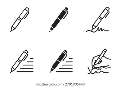 Caneta vetorial, ícone de escrita. versão da linha e do glifo, contorno da caneta de assinatura e sinal vetorial preenchido. pictograma linear e completo. Símbolo, logotipo